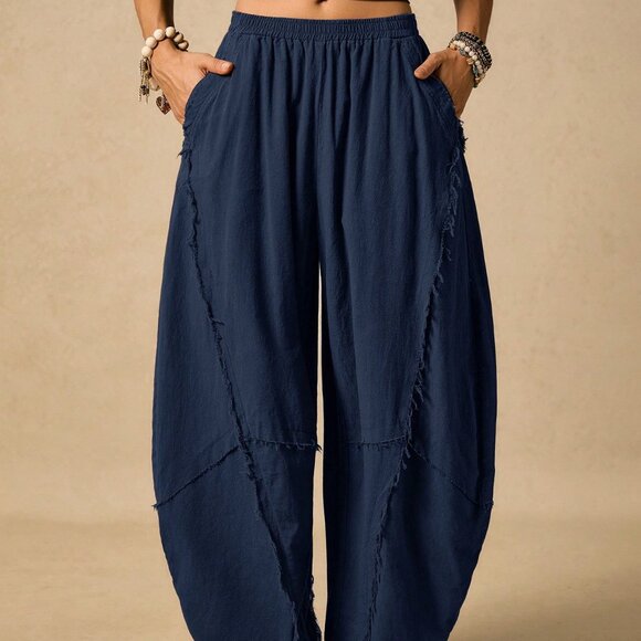 Blue Casual boho Women's Street Chic Minimalist Elastic Waist Side Pocket pants - Picture 3 of 9